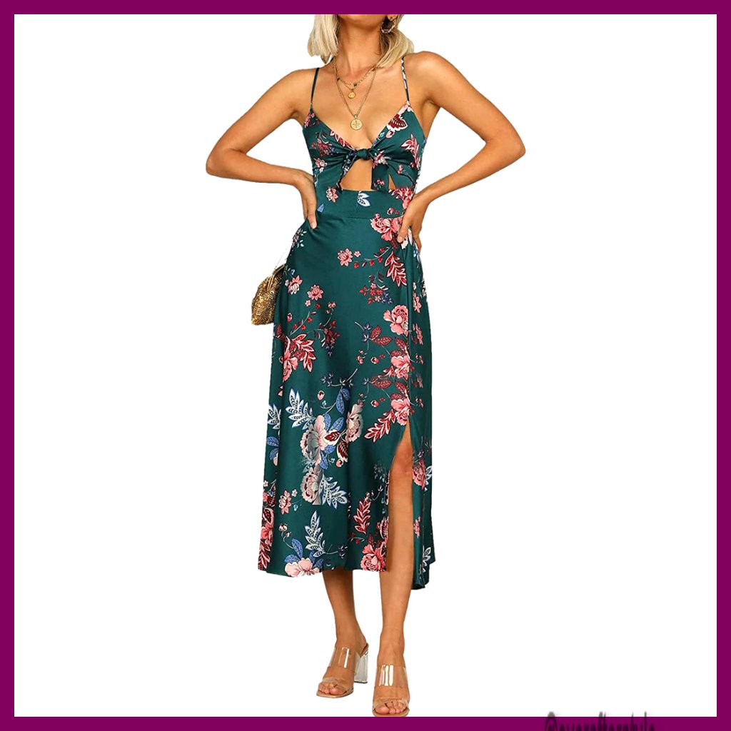 Satin Slip Dress Elegant Backless Tie Front Slit Cutout Boho Wedding Guest